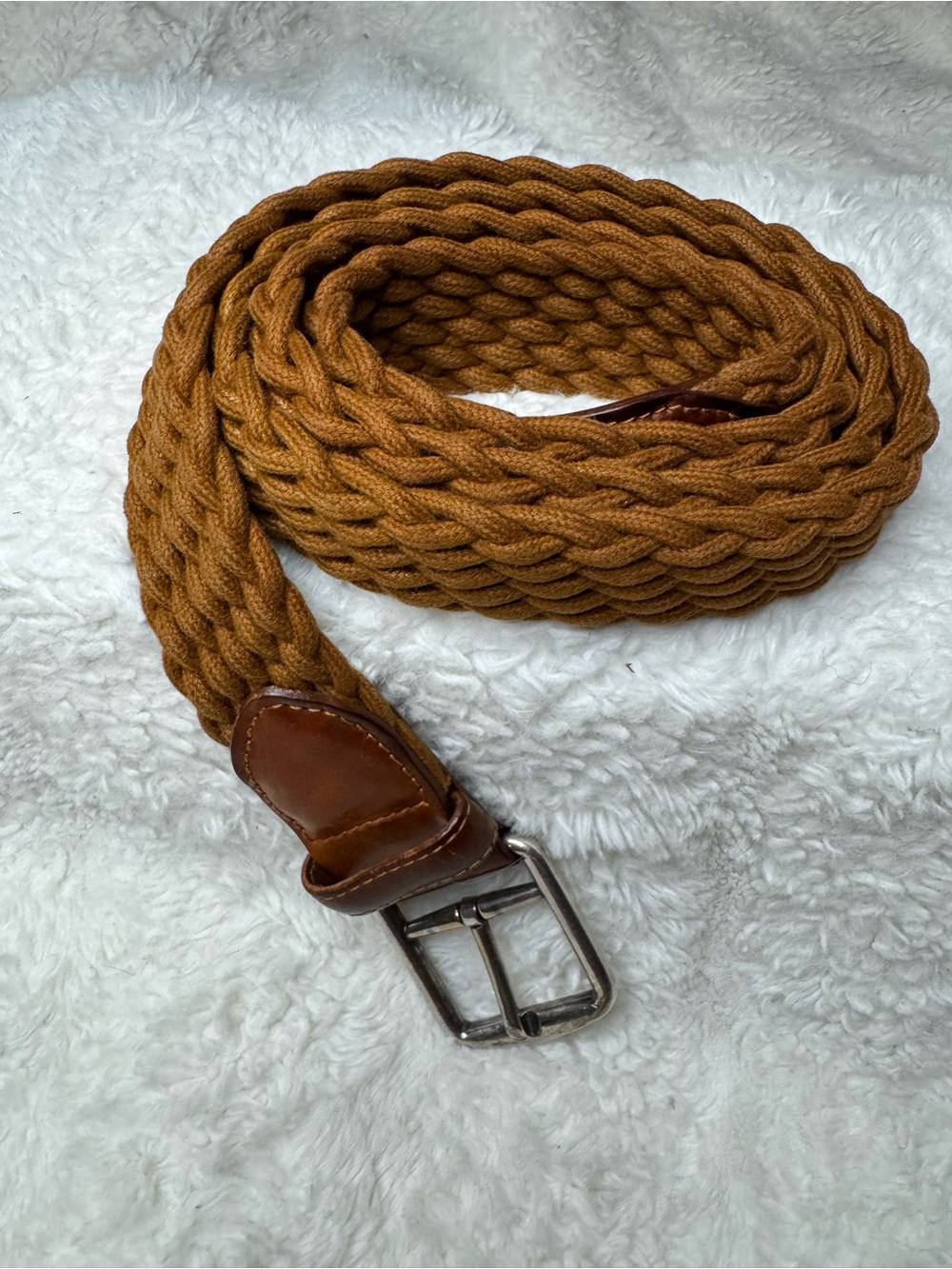 Longhi Cognac Brown - Classic nylon leather woven vintage belt 42